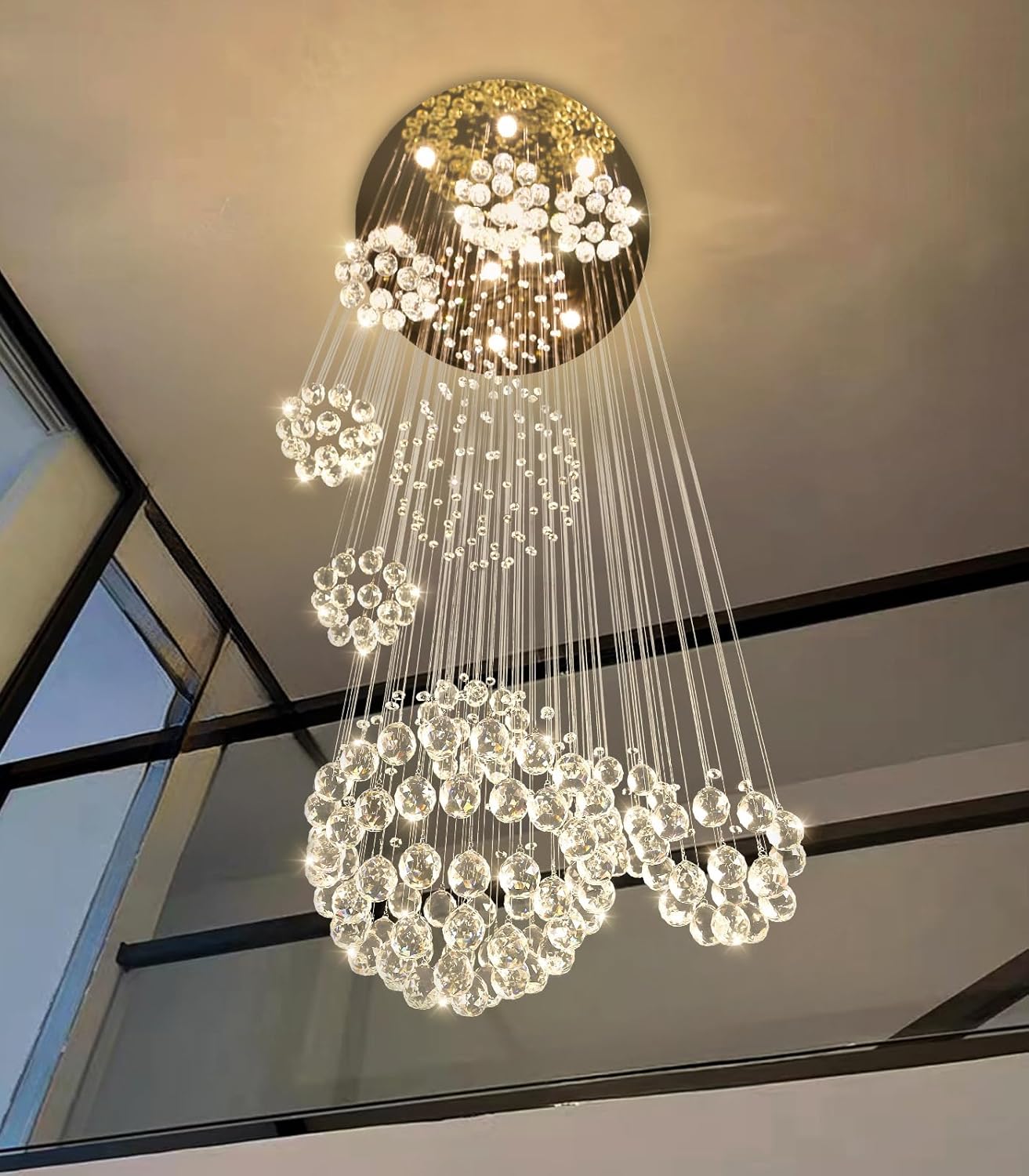 Modern Large Chandelier for Foyer Raindrop Crystal Chandeliers LED Dimmable High Ceiling Flush Mount Light Fixtures for Staircaes Hallway Entryway 78.7'' Gold