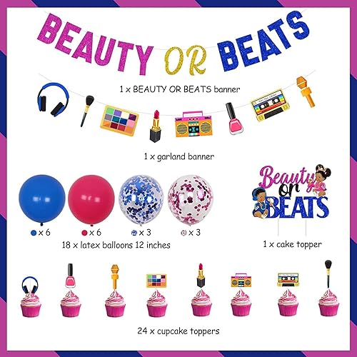 Miniatura 6 de Beauty or Beats - Kit de decoración divertida para revelación de género, pancarta de belleza o ritmos, guirnalda, decoración de pasteles y cupcakes