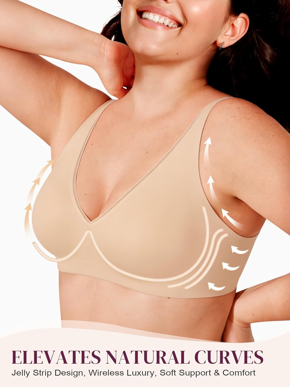 Wireless No Underwire Seamless Jelly Full Coverage Plunge V Mesh Bras for Women Supportive Tshirt Bralettes (Beige,XL) - Image 2