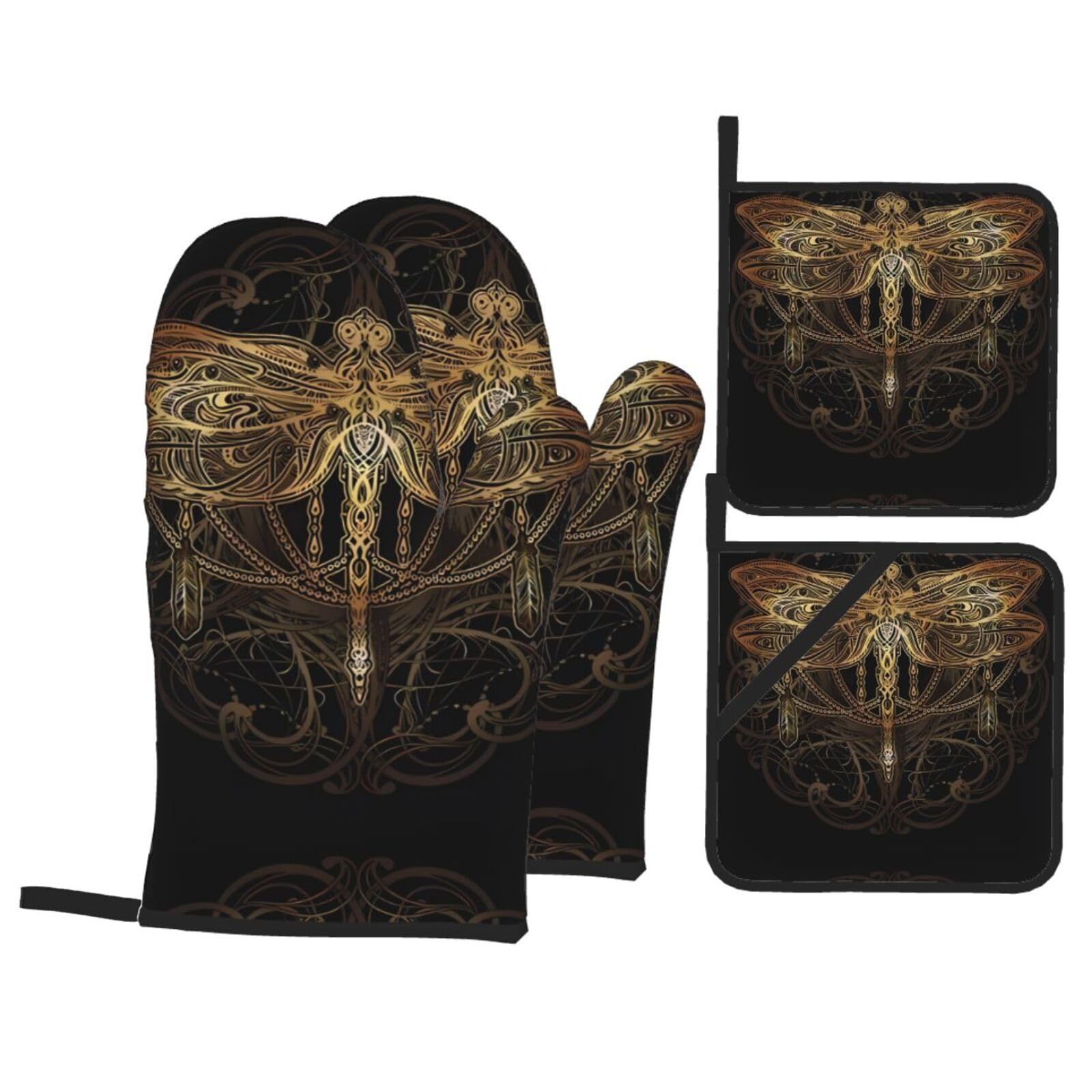 HJFCZH dragonfly Prints Kitchen Throw Set: Durable Oven Layers with Waterproof Polyester – 4 Piece Heat Protection System