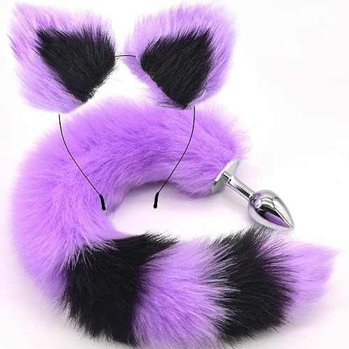 MEBAULT Anal Plug Fox Tail with Ear 15.74-Inch-Long Sexual Anus Tail Butt Plug Cosplay Game Purple & Black Sex Toy for Women Men - Purple + Black