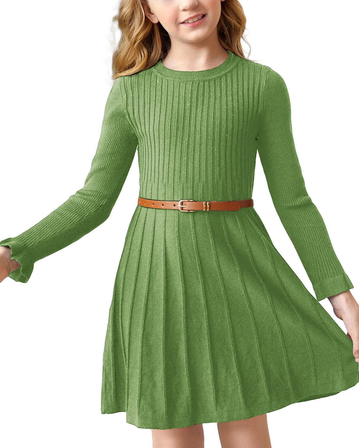 PengfeiLittle Girls Knit Sweater Dress Long Sleeve Ribbed Ruffle Dress Kids Pullover Dresses