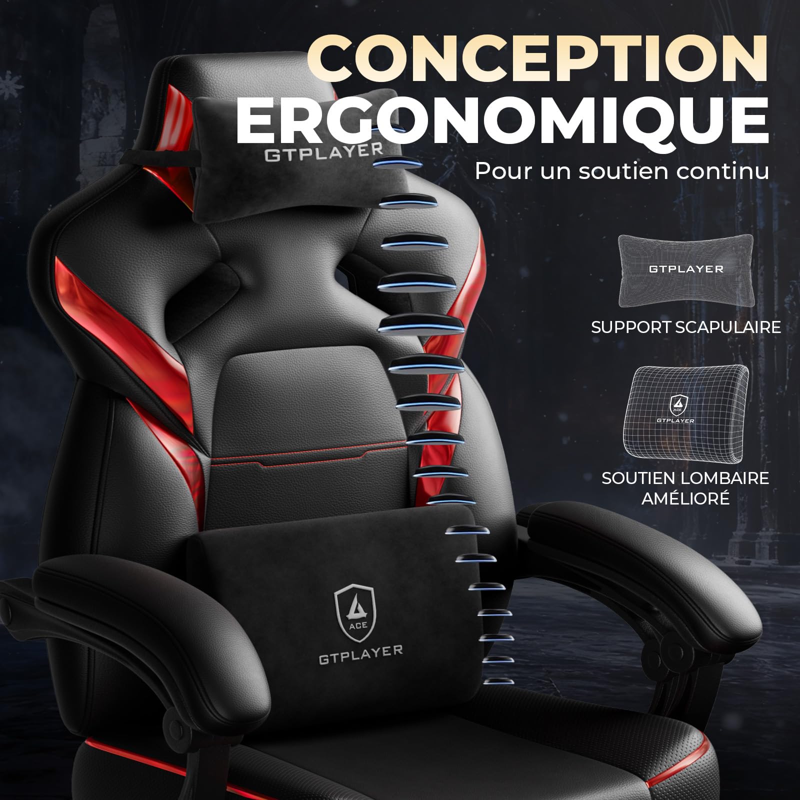 GTPLAYER Chaise Gaming avec Repose-Pieds, réglable en Hauteur, accoudoirs réglables, Repose-Pieds intégré, Fauteuil Gaming pour jusqu'à 200 kg, pivotant à 360°, Rouge.