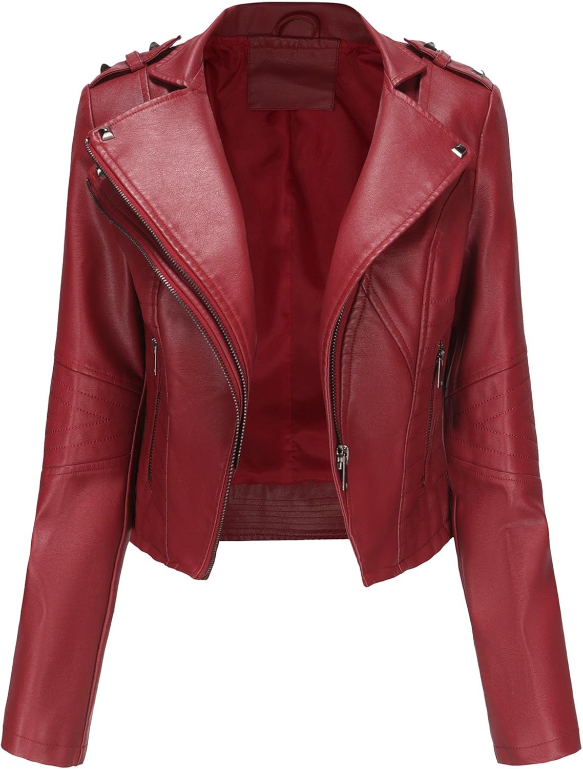 JEsilunmaMY Women's Rivet Short Leather Biker Coat Asymmetric Zip Slim Motorcycle Jacket Spring Fall Cropped Leather Jacket