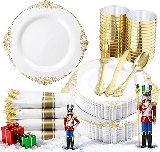 Nervure 350PCS Gold Plastic Plates - Gold Plastic Dinnerware Sets for 50 Guests - 100 Disposable Plates, 150 Silverware, 50 Cups, 50 Napkins for Wedding & Party & Thanksgiving