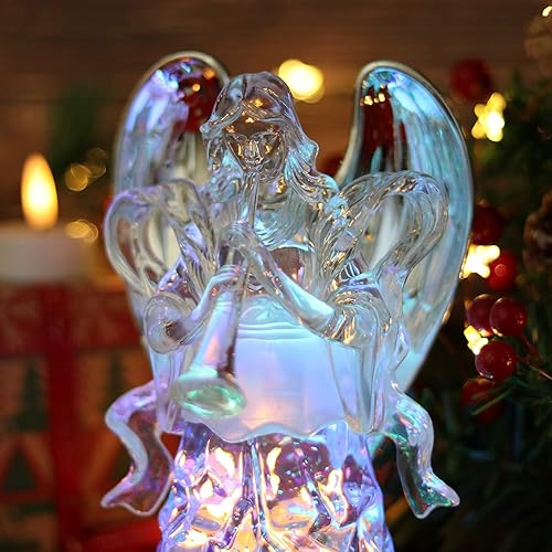 Miniatura 5 de Eldnacele Ángel de globo de nieve con trompeta estatua de ángel de cristal con remolino iluminado timbre funciona con pilas multicolor que cambia de