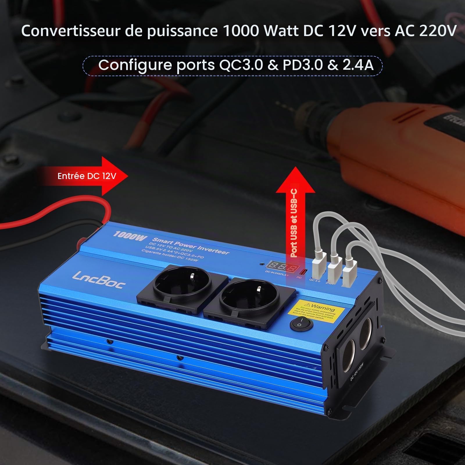 Inverter 12v 220v 1000W Inverter Trasformatore | Caricatore per Auto 2 Alimentazione Standard Europen 4 Porte di Ricarica (1 Chargeur Rapide QC3.0, 1 PD, 2 USB Porte 2.4A)