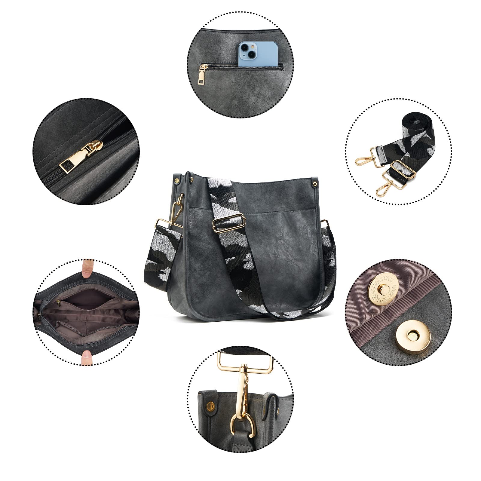 Femmes Sacs à Bandoulière en Cuir Sac à Dos Dame Hobo Sac à Main Poches Zippées Sac Avec Sangle Réglable