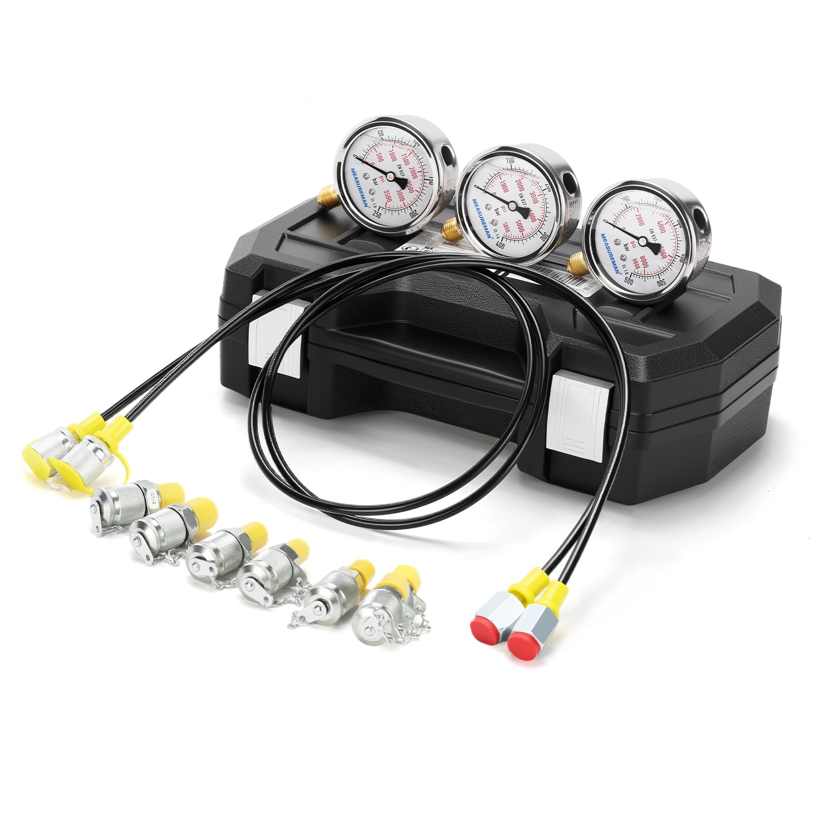 Kit de Test de Pression Hydraulique, comprenant 3 manomètres (250/400/600 bar), 2 durites, 6 raccords de test, destiné aux systèmes de machines de construction, fourni dans un étui résistant