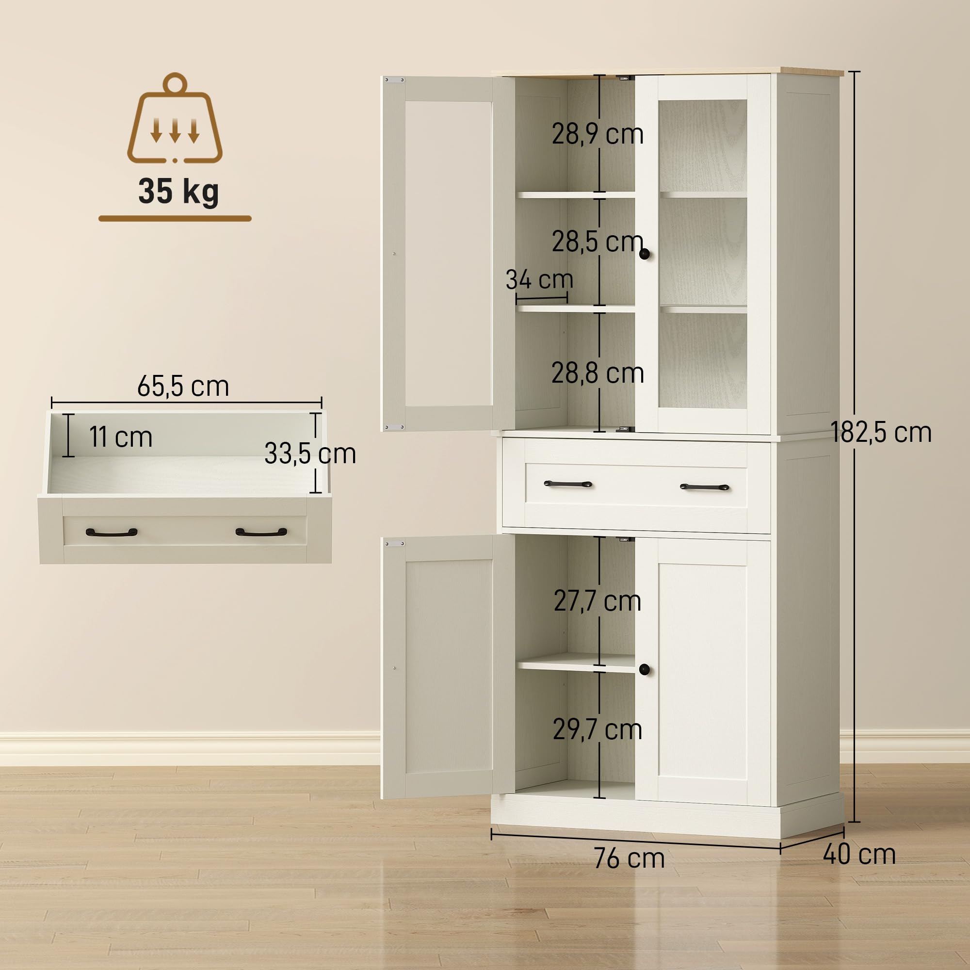 HOMCOM Alacena de Cocina, Mueble Auxiliar de Cocina con 2 Puertas de Acrílico, Cajón Grande, Estantes Ajustables, para Comedor, 76x40x182,5 cm, Crema