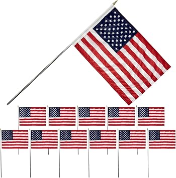 Bradford Small American Flag on Stick 12 Pcs 12x18 inch for 250th Anniversary Decorations, Heavy Duty Hand Held Handheld US USA Flags with Retractable Pole for 4th of July Outside Yard Garden