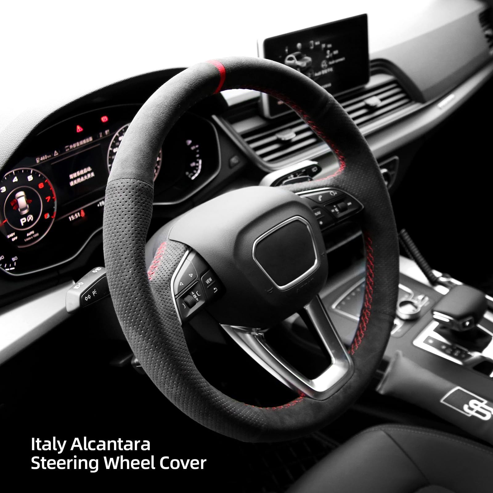 Alfanxi Hand Stitch Sewing for Alcantara Car Steering Wheel Cover Wrap for Audi A5/Q3/Q5/Q5 e/Q7/Q8/RS 5/RS Q8/S3/S4/S5/SQ5/SQ7/SQ8 with Shift Paddles(Red Stripe)