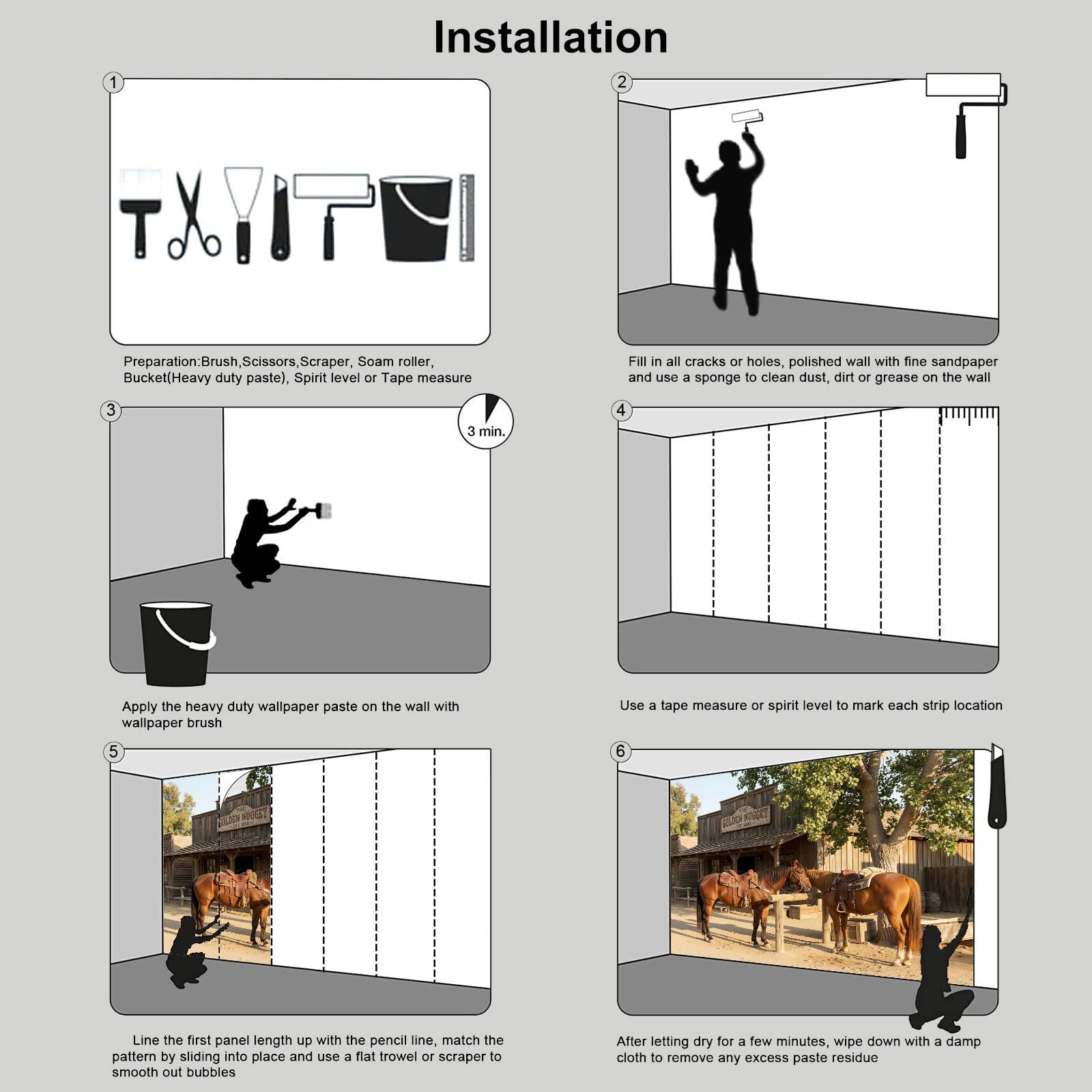 Papel tapiz fotográfico Taberna Del Oeste Murales de dormitorio para niños Fondo de Poste Para Atar Caballos Pared Pintado Papel tapiz dormitorio de estar sala sofá mural- 400 x 280cm