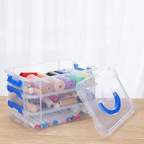 Miniatura 4 de Paquete de 6 recipientes de almacenamiento de plástico de 3 niveles de 2 tamaños con tapas, organizador de suministros de arte con asa, caja de