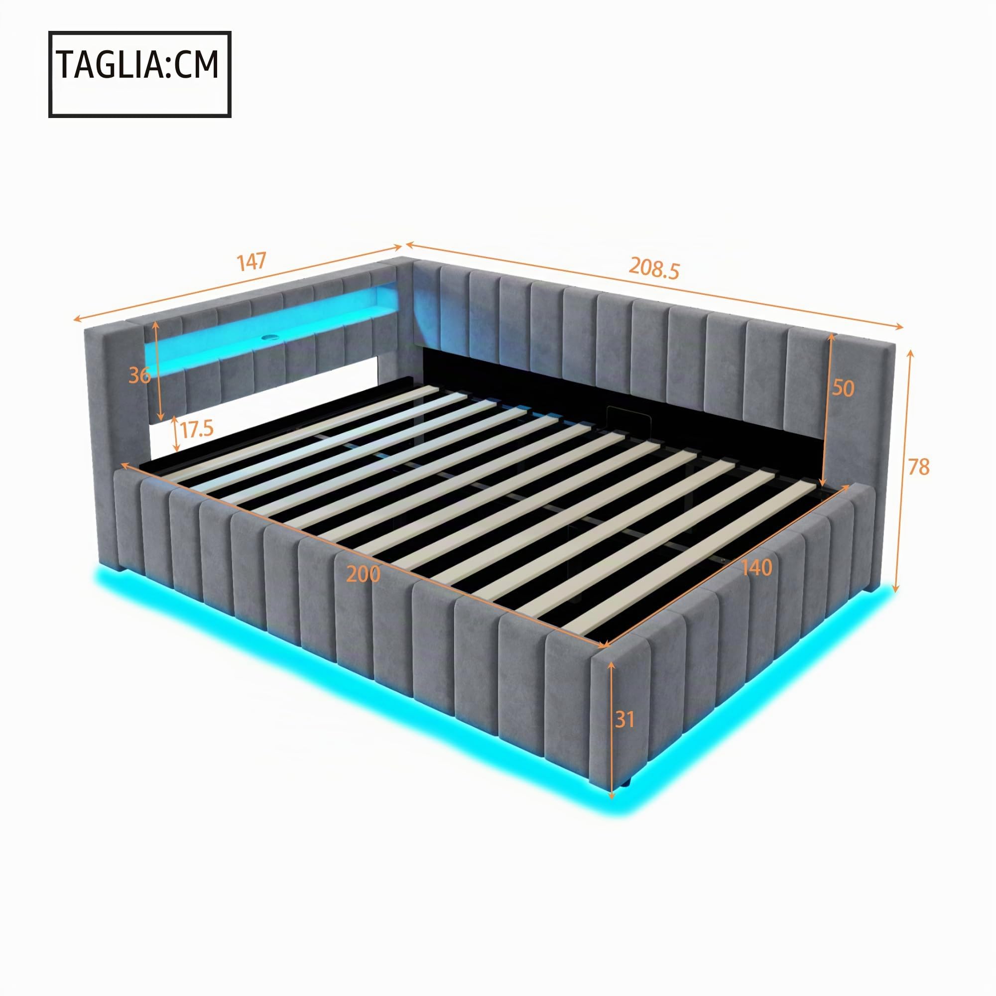 Letto imbottito divano letto 140 x 200, letto matrimoniale con vano portaoggetti idraulico, con luce LED e funzione di ricarica USB, letto giornaliero per ragazzi con rete a doghe, tessuto di