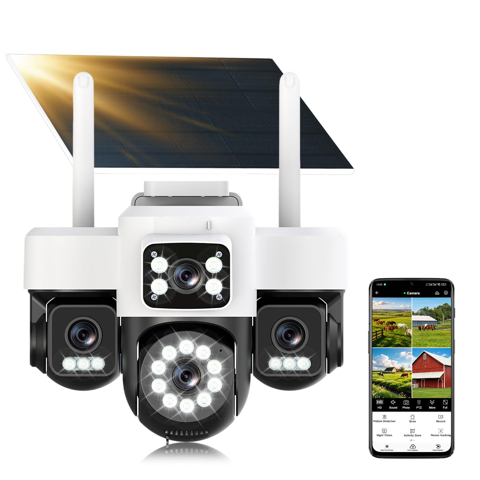 Calue 4K Cámara Monitoreo Exterior Inalámbrico, Cuatro Lentes/Cámara Solar/Batería,4G Cámaras de Vigilancia con Tarjeta SIM,Visión Vocturna,Alarma,Audio Bidireccional,Seguimiento Automático,AOV 24/7