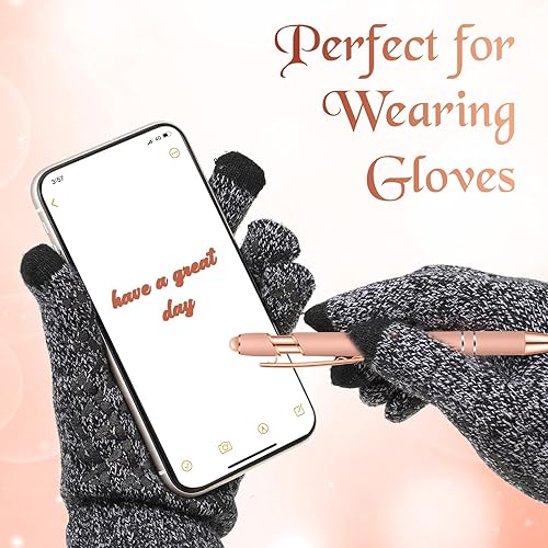 Miniatura 142 de 12 bolígrafos con punta de lápiz capacitivo, 0.039 in de tinta negra, bolígrafo de metal para pantallas táctiles, bolígrafo 2 en 1 (cian y oro rosa)