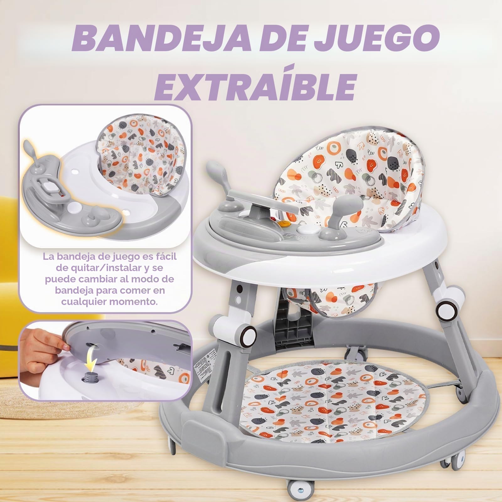 Tacata Bebes con Volante,Juego,Alfombrilla, Chasis Redondo Antideslizante de 6 Ruedas,Plegable Y con 3 Alturas Ajustables,Asiento con 4 Posiciones Ajustables,Andador Para Bebés a Partir de 0+