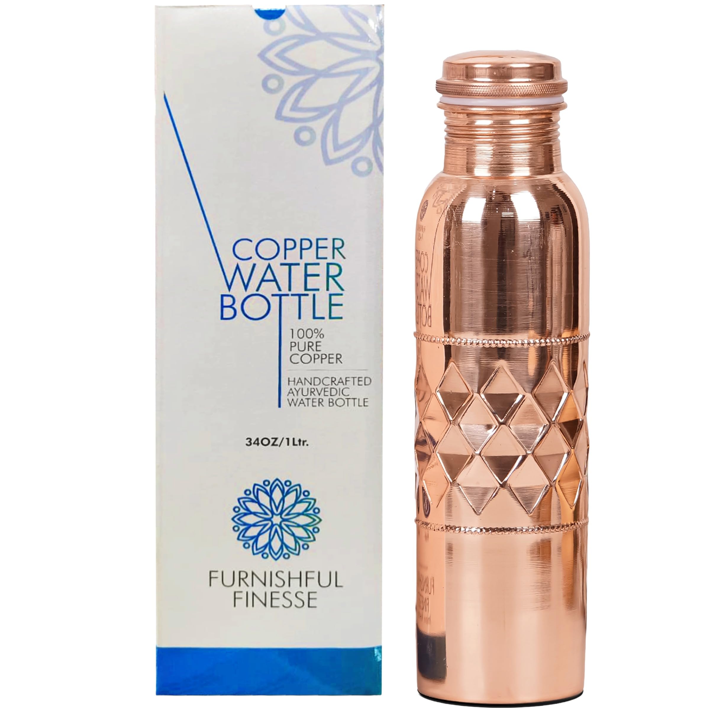 FURNISHFUL FINESSE Pure Copper Water Bottle, 1000ml (34 Oz) Hand-Etched Natural Diamond Finish Drinking Bottle, Leakproof, Seamless Ayurvedic Copper Vessel for Yoga, Gym, Office & Sports