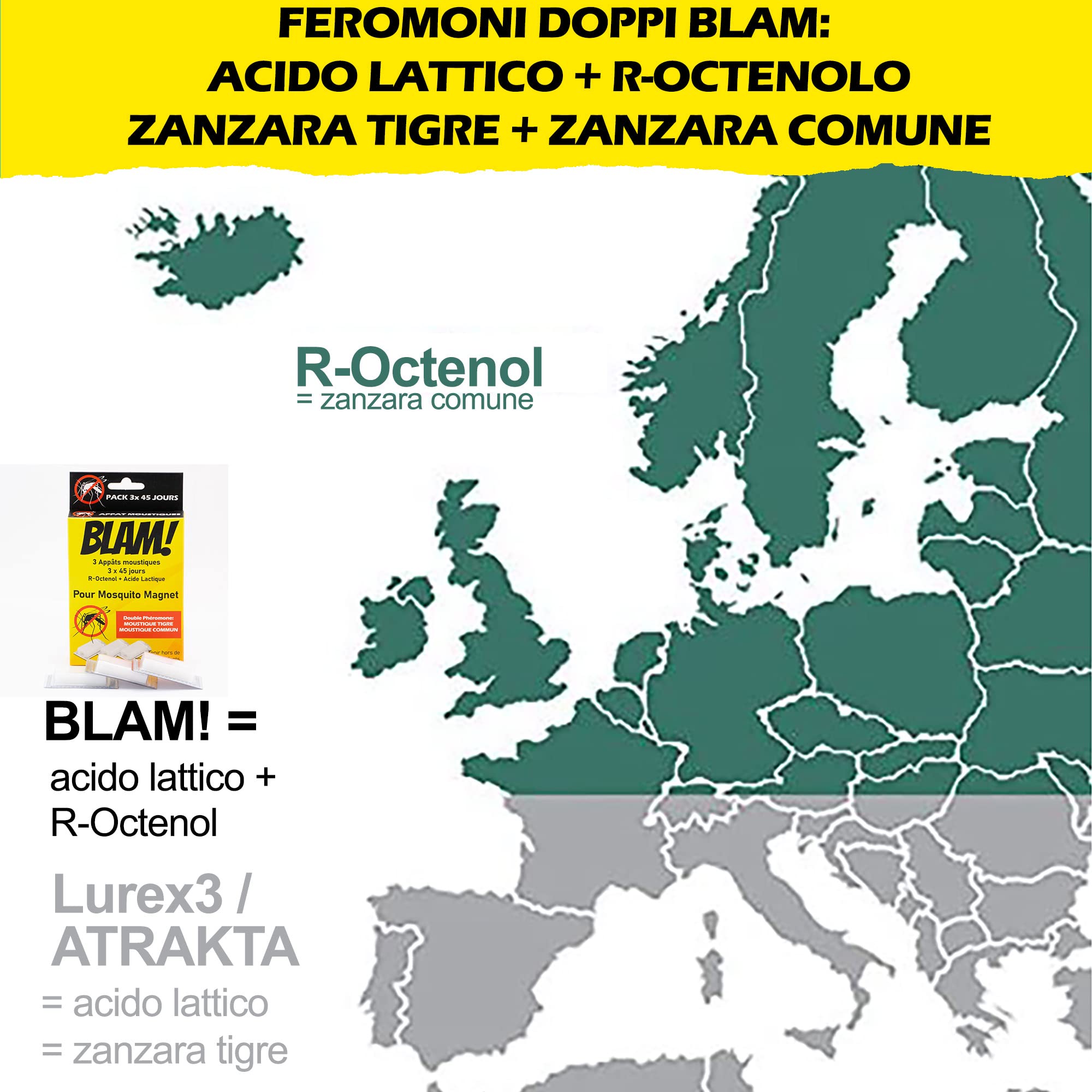 BLAM 3 Esche per zanzare compatibile Mosquito Magnet a doppio feromone: efficace su zanzare tigre e zanzare comuni grazie a R-Octenol e acido lattico (=Atrakta). 3x 45 giorni di efficacia