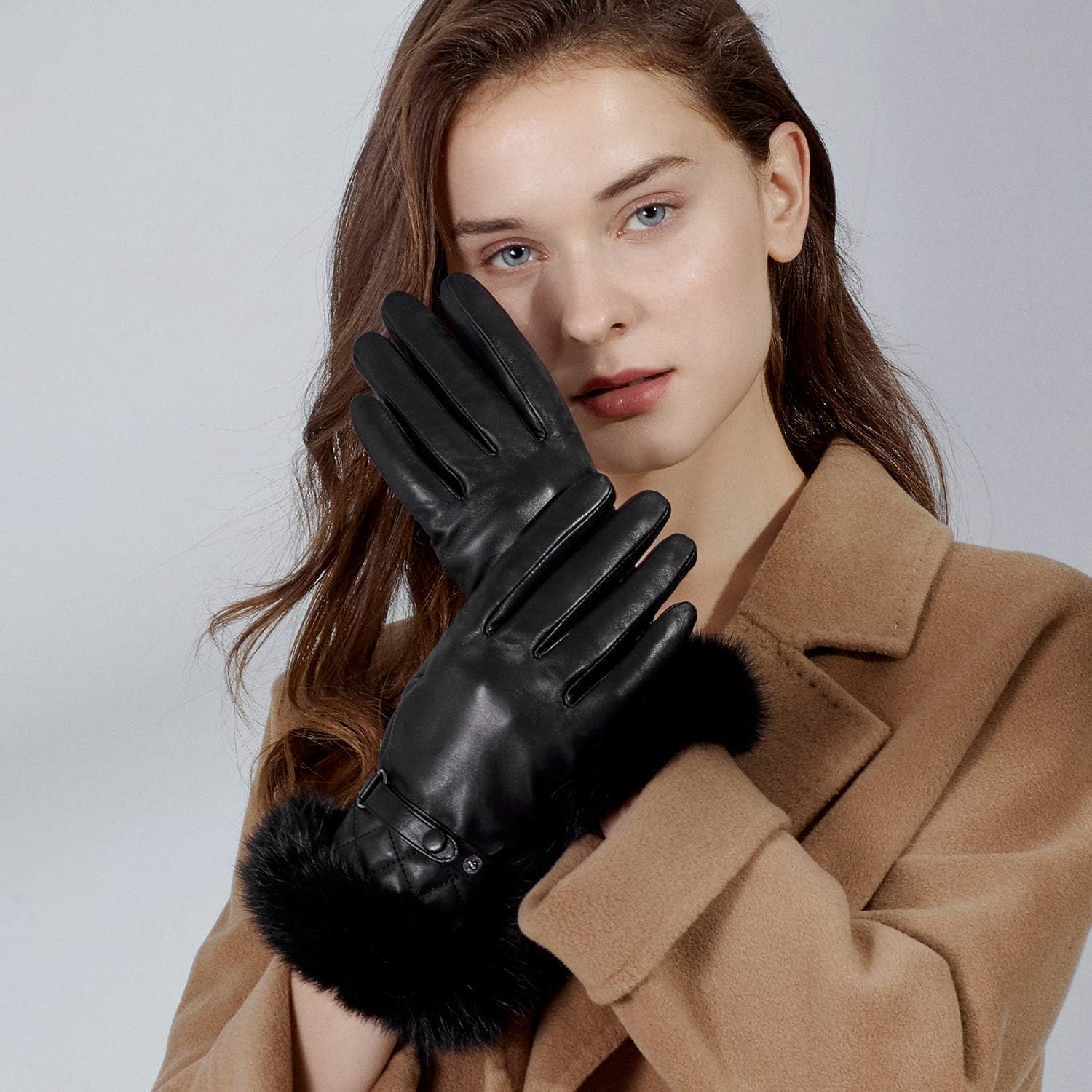 GSG Women Leather Gloves Luxury Rabbit Fur Cuff Winter Touchscreen Warm Driving Gloves - Image 2