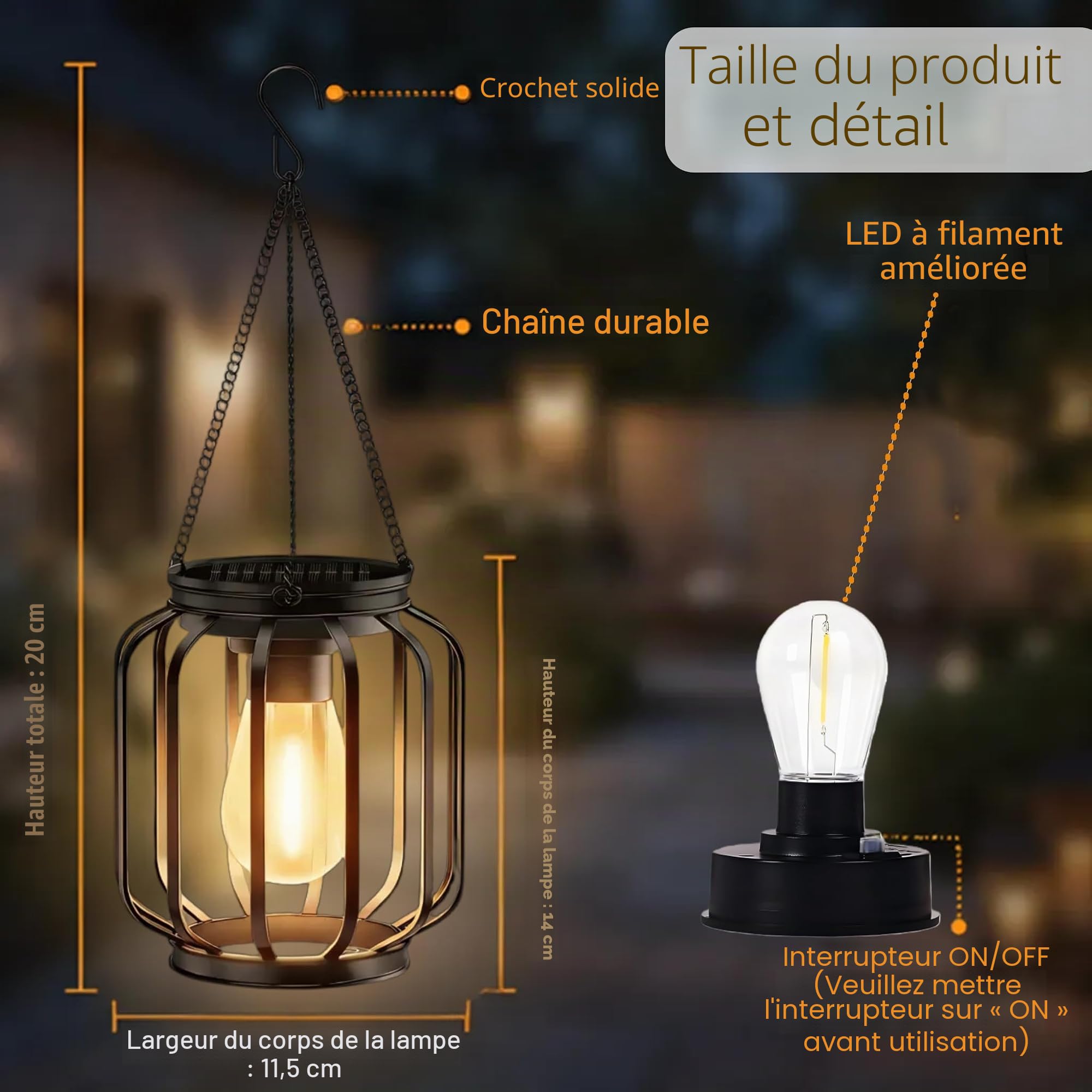 Lanterne Solaire Exterieur Jardin 2 Pièces Suspension Métal IP65 Étanche avec Crochets Chaînes