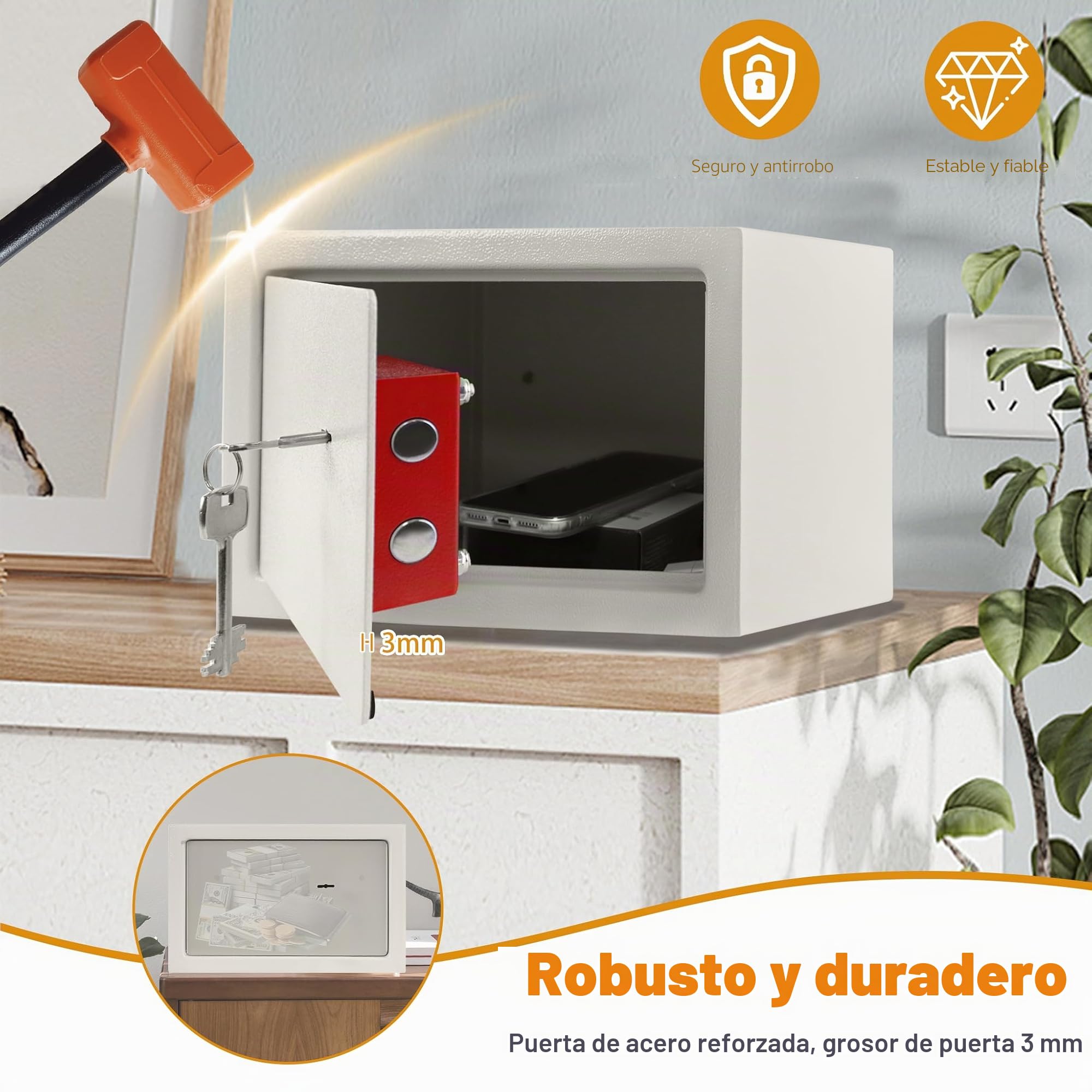 Froadp Caja Fuerte para Muebles con Cerradura de Doble Paleta, 2 Llaves y Tornillos de Fijación Caja de Seguridad para Pared, Casa, Hotel y Objetos de Valor, Plata (L - 31 x 20 x 20 cm)