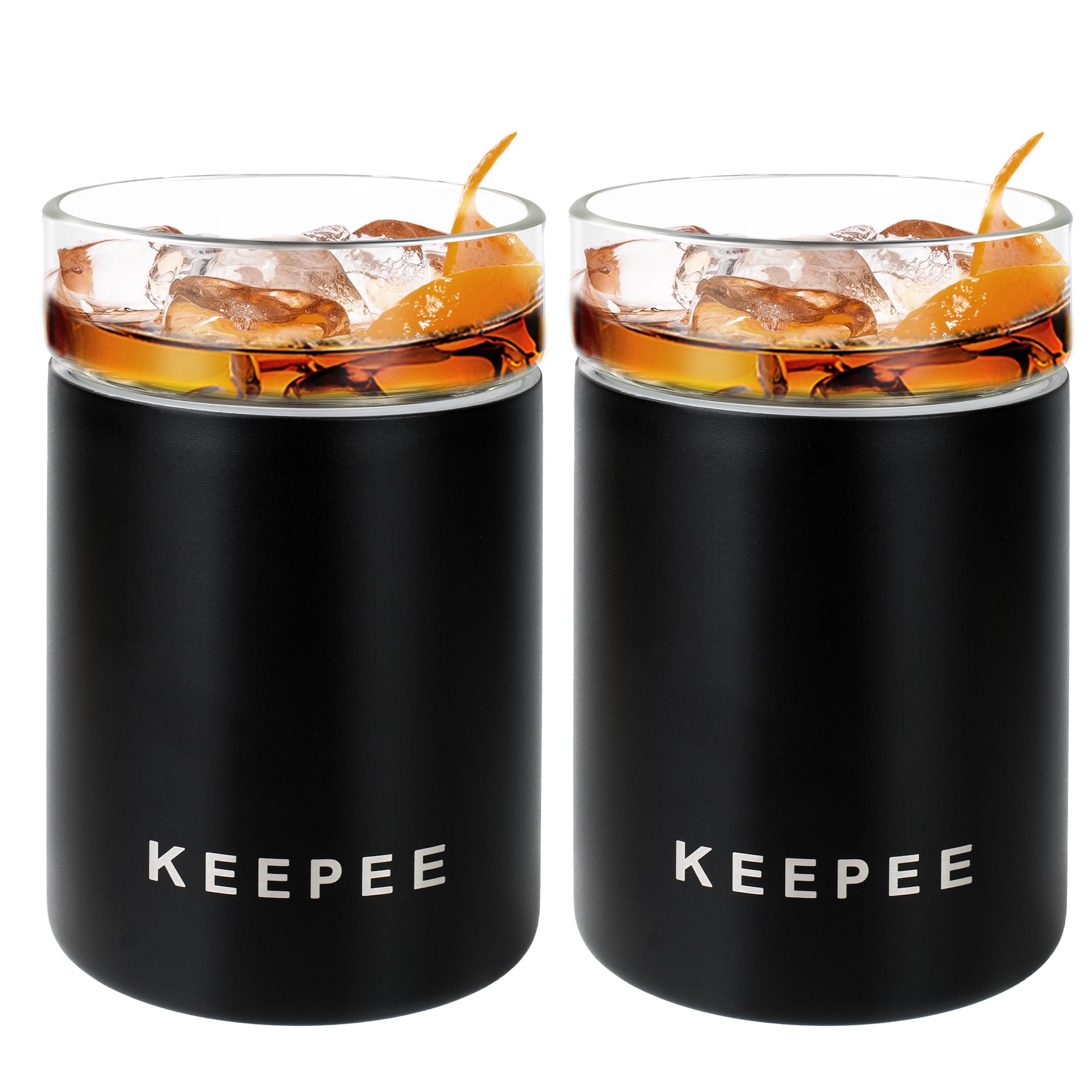 Whiskey Glasses Set of 2, Vacuum Insulated Tumbler with Removable Glass Insert, Insulated Cocktail Glass, Old Fashioned Lowball Glass for Bourbon, Whiskey, 10oz, Black