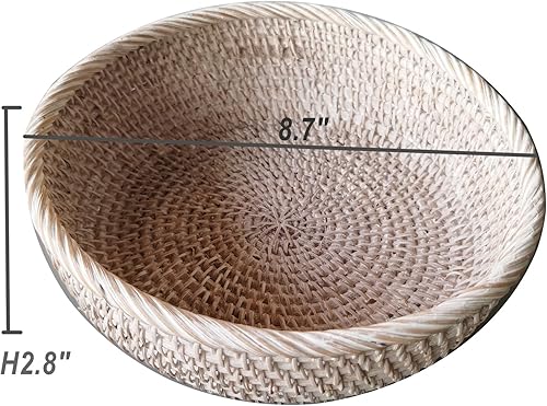 Miniatura 2 de Cesta redonda de ratán blanca lavada, canasta decorativa de mimbre hecha a mano con pared profunda, cesta decorativa tejida para pan blanco,