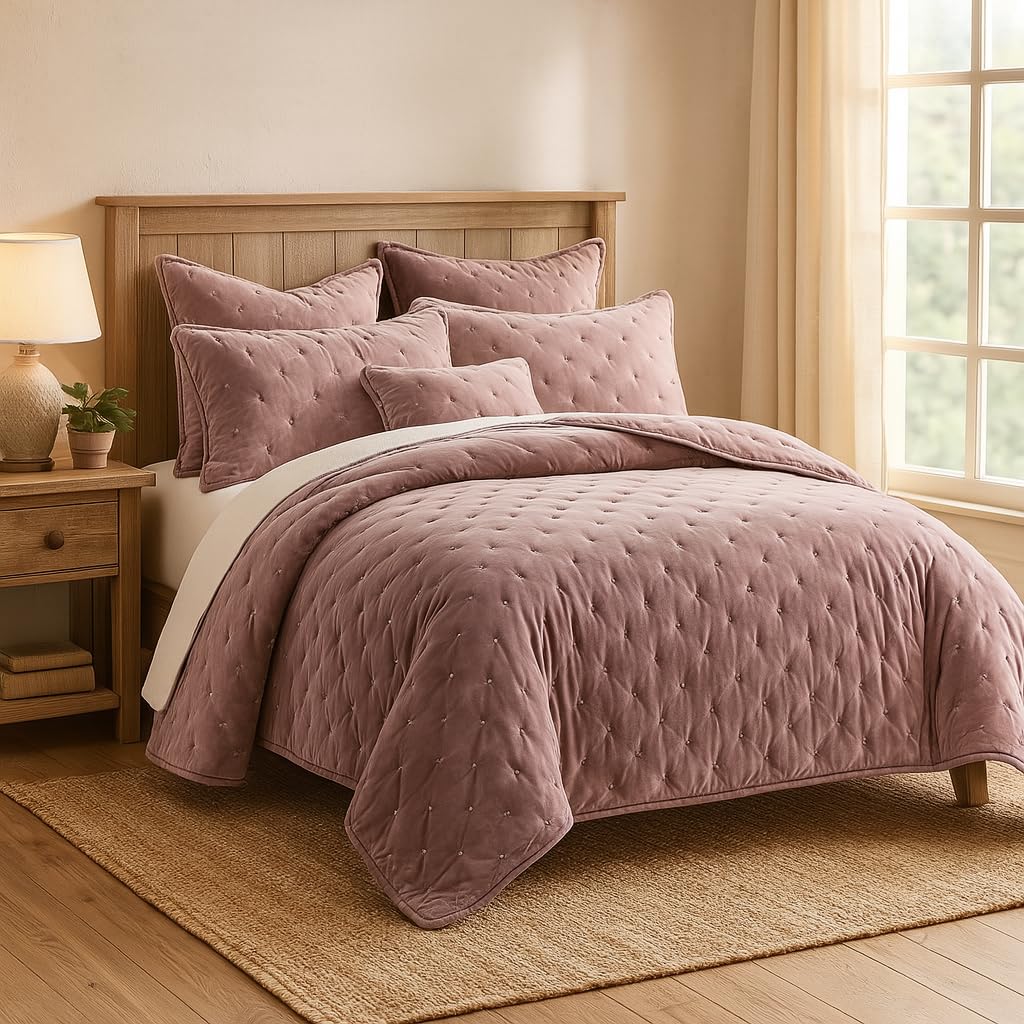 Tache Velvet Dreams Luxurious Velveteen Velour Super Soft Plush Warm Cozy Diamond Tufted Polka Dot Quilted Coverlet Royal Blue Bedspread Set, King: Queen Purple Mauve