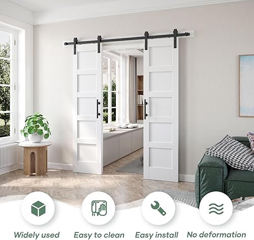 Miniatura 2 de Fredbeck Puerta de granero blanca doble de 21 x 84 pulgadas y kit de herrajes para puerta corrediza de granero de 7 pies incluidos, sólido, MDF,