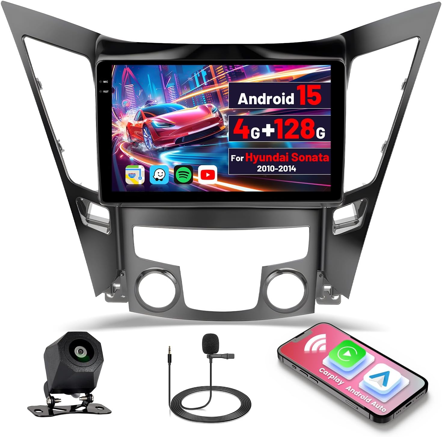 Inefala [4G+128G] Android 15 Car Stereo for Hyundai Sonata 2010-2014 with Wireless Carplay/Android Auto, 9 Inch HD Touchscreen Car Radio with GPS WiFi Bluetooth FM/RDS EQ SWC Backup Camera MIC