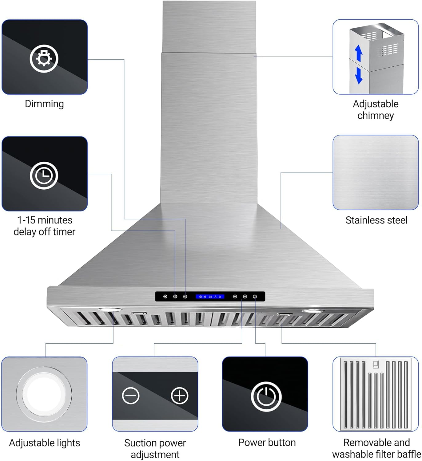AROAN Wall Mount Range Hood with Ducted/Ductless Convertible Duct, 30 Inch 900CFM Stainless Steel Vent Hood, 4 Speed Touch Panel with 2pcs Adjustable LED Lights (ANTP02-30)