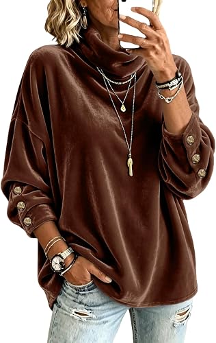 Womens Velvet Tops Turtleneck Button Cuffs Fall Winter Soft Shirt Brown