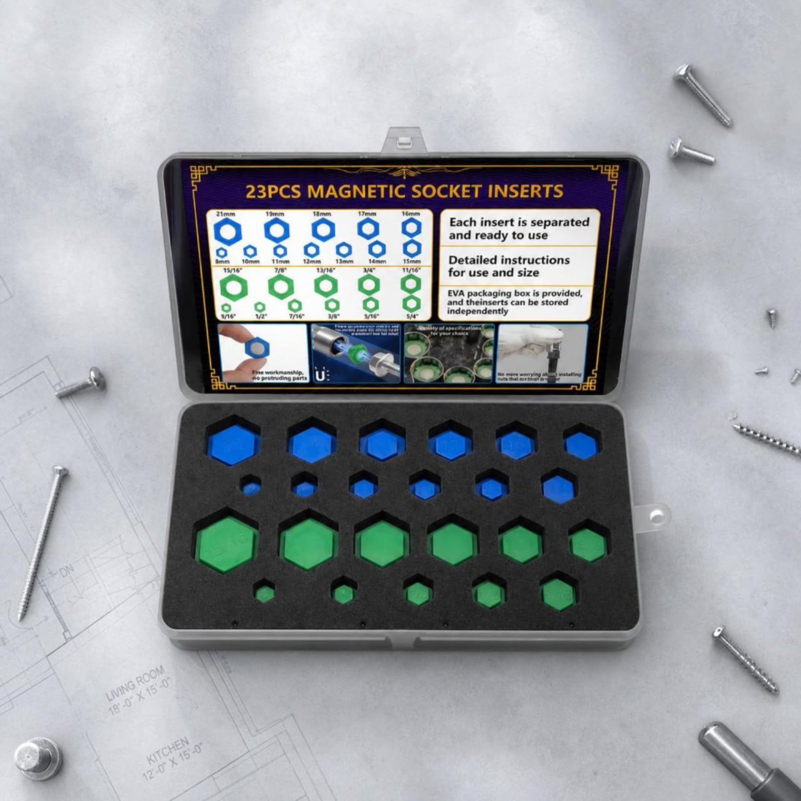 23 Pièces Adaptateur de Douille Clé Embout Insert Magnétique Compatibilité Sae et Métrique Identification Rapide Plateaux en Mousse