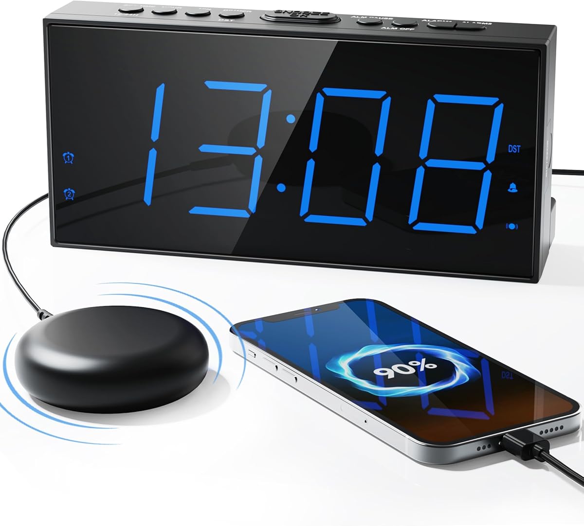Roxicosly Loud Alarm Clock with Bed Shaker, Vibrating Alarm Clock for Heavy Sleepers/Hard of Hearing/Deaf,Dual Alarms, 7.5’’ Large LED Display, Dimmer, USB Charging Port, Plug-in with Memory Function