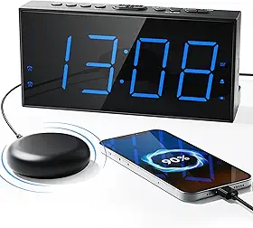 Despertador super alto com agitador de cama, despertador vibratório para adolescentes surdos com sono pesado, relógio duplo com tela grande de 19 cm, carregador USB, regulador, soneca e bateria