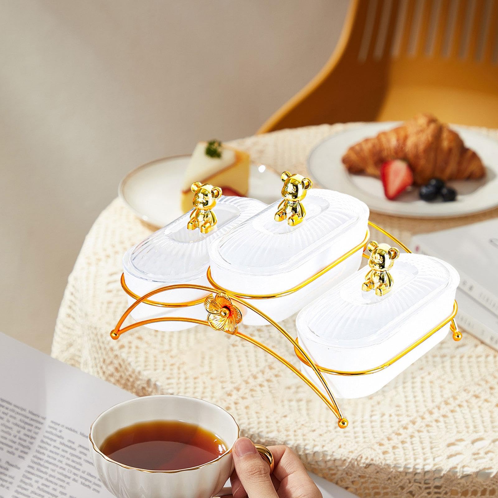 Qianly Dried Fruit Plate Dessertschale mit Deckel Servierplatte mit 3 Fächern Vorratsbox für Nüsse Trockenfrüchte Süßes Aus Eisen für Zuhause Familienfeier W, 3 Grid Bear