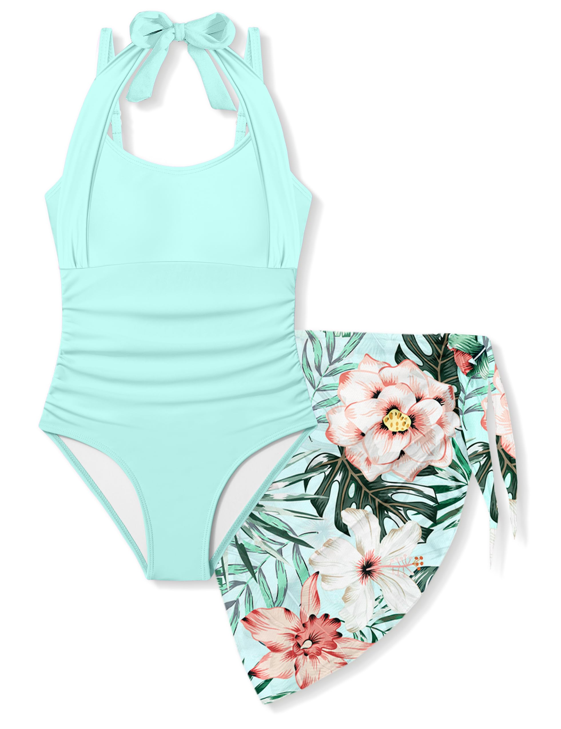 Girls Swimsuit Set - Halter Neck One Piece Bathing Suit with Tropical Cover Up Skirt Swimwear for Kids 7-18Y