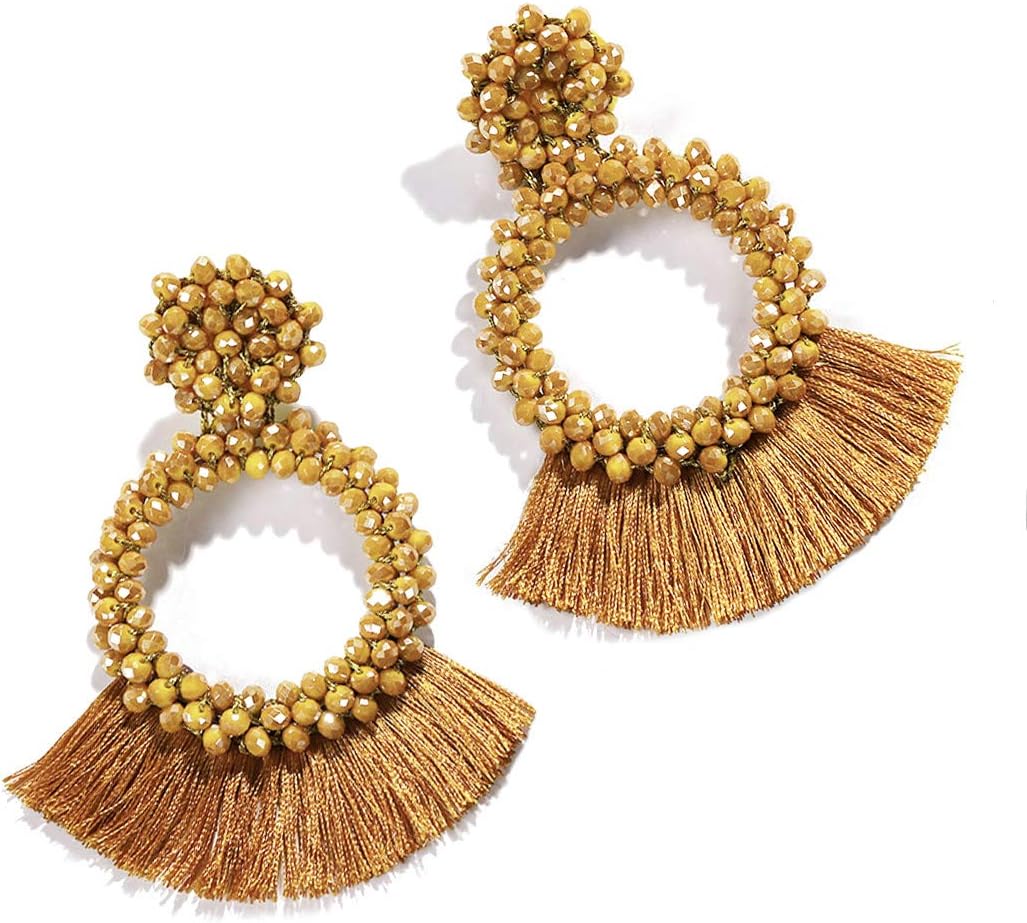 Hoop Tassel Earrings for Women - Statement Handmade Beaded Fringe Dangle Earrings, Idea Gift for Mom, Sister and Friend (Yellow)