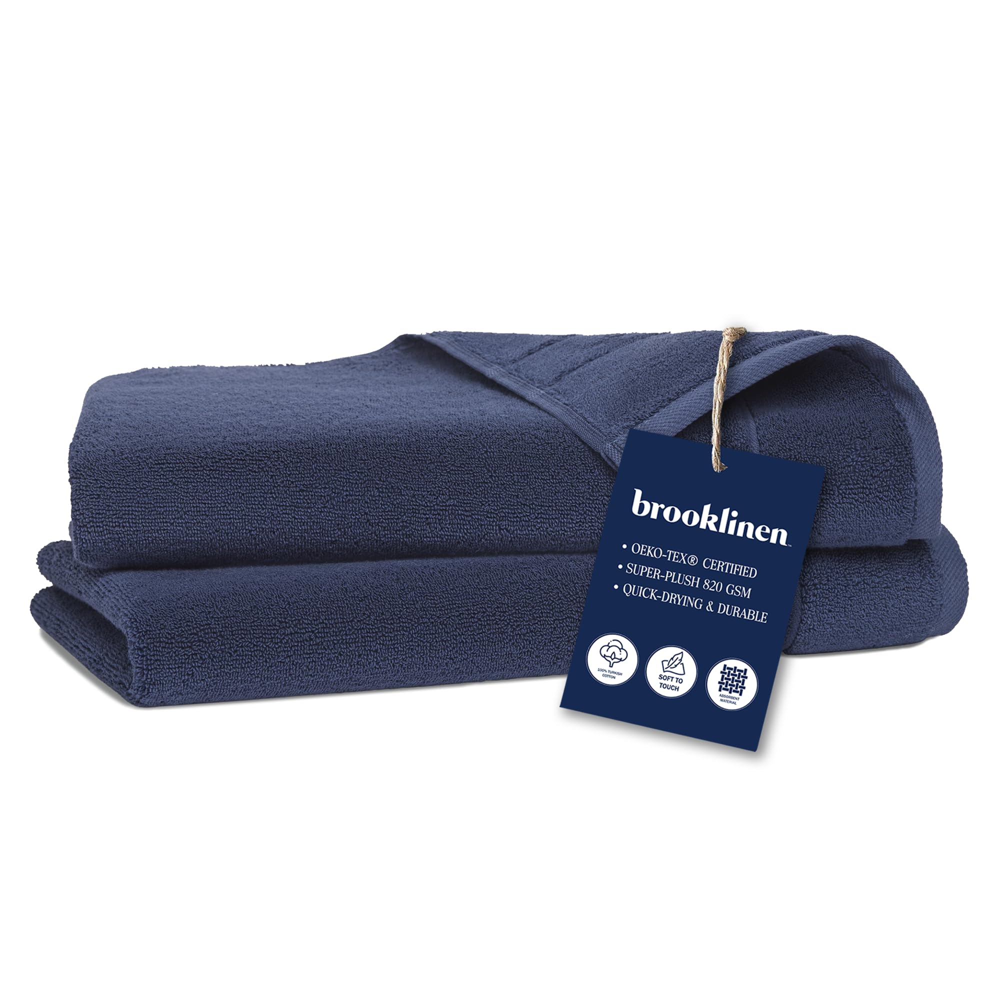Brooklinen Super-Plush Turkish Cotton Hand Towels Set of 2 Cotton, 820 GSM, Highly Absorbent, Machine Washable, Perfect for Home & Bathroom (20"x30", Midnight Navy)