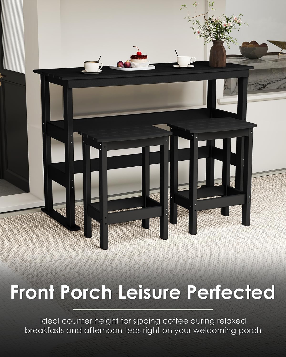 GREENVINES Outdoor-Bar-Set | HDPE Plastic | 3-Piece | 37" Counter Height Patio Table & 2 Backless Stools | Rectangle | High Top | All Weather | for Backyard Balcony Poolside | Black