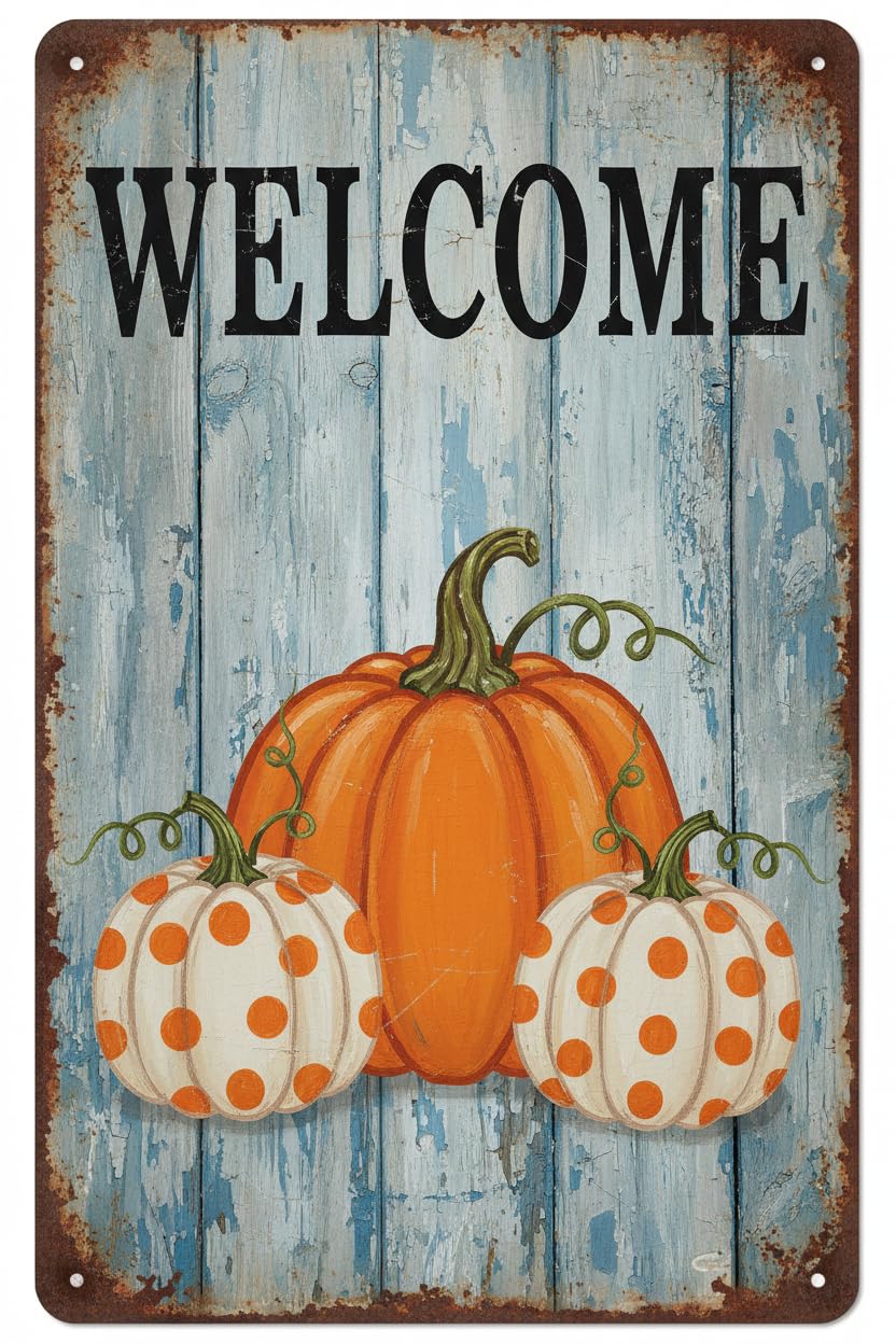 Fall Welcome Thanksgiving Wall Art Rustic Autumn Metal Tin Sign Vintage Pumpkin 8x12inch