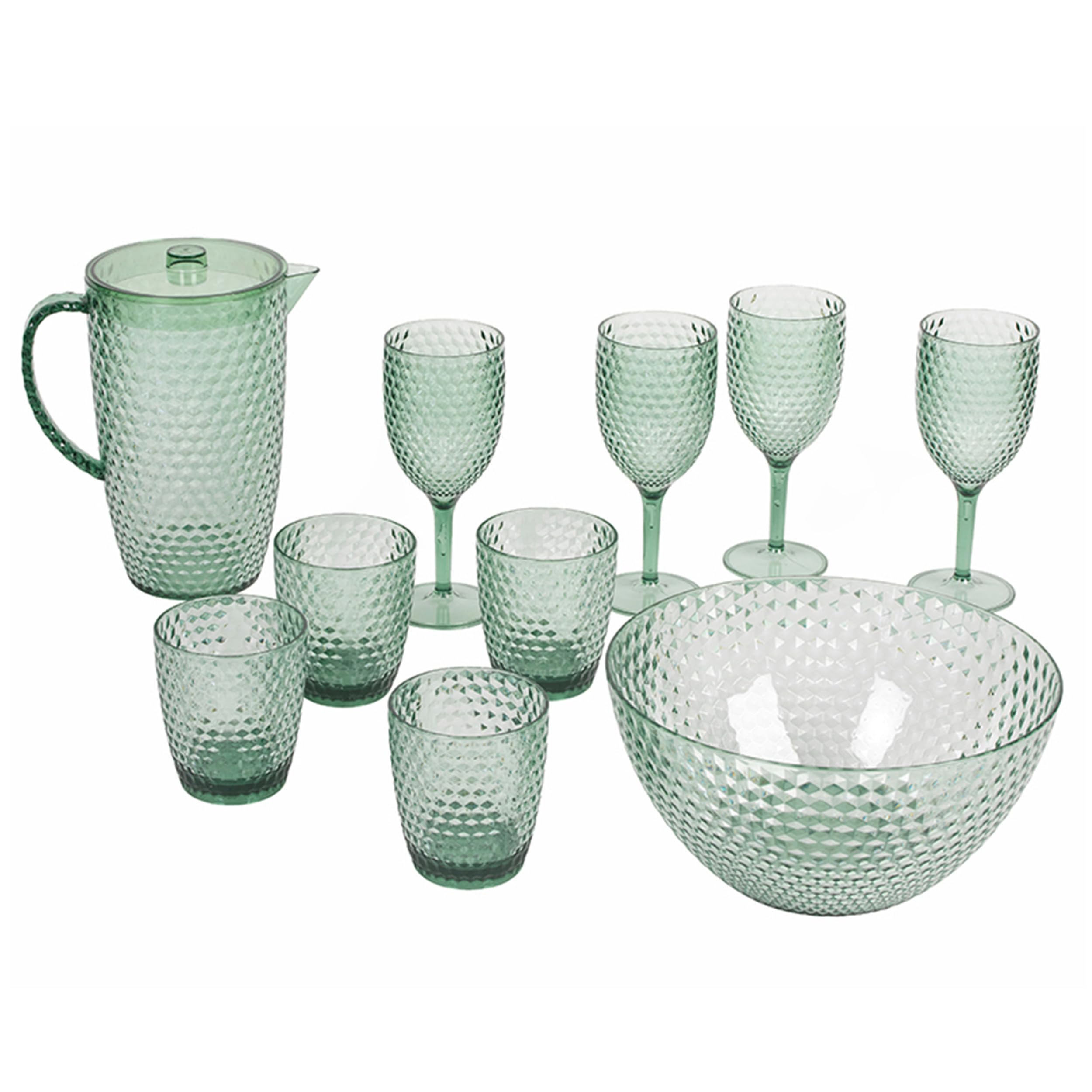 Cambridge COMBO-7986A Fete Serving Set - with Jug, Tumblers, Wine Glasses, and Bowl, Diamond Design, 10 Piece Set, BPA Free Plastic Cups for Outdoor Use, Parties, Holiday Homes & Camping, Green