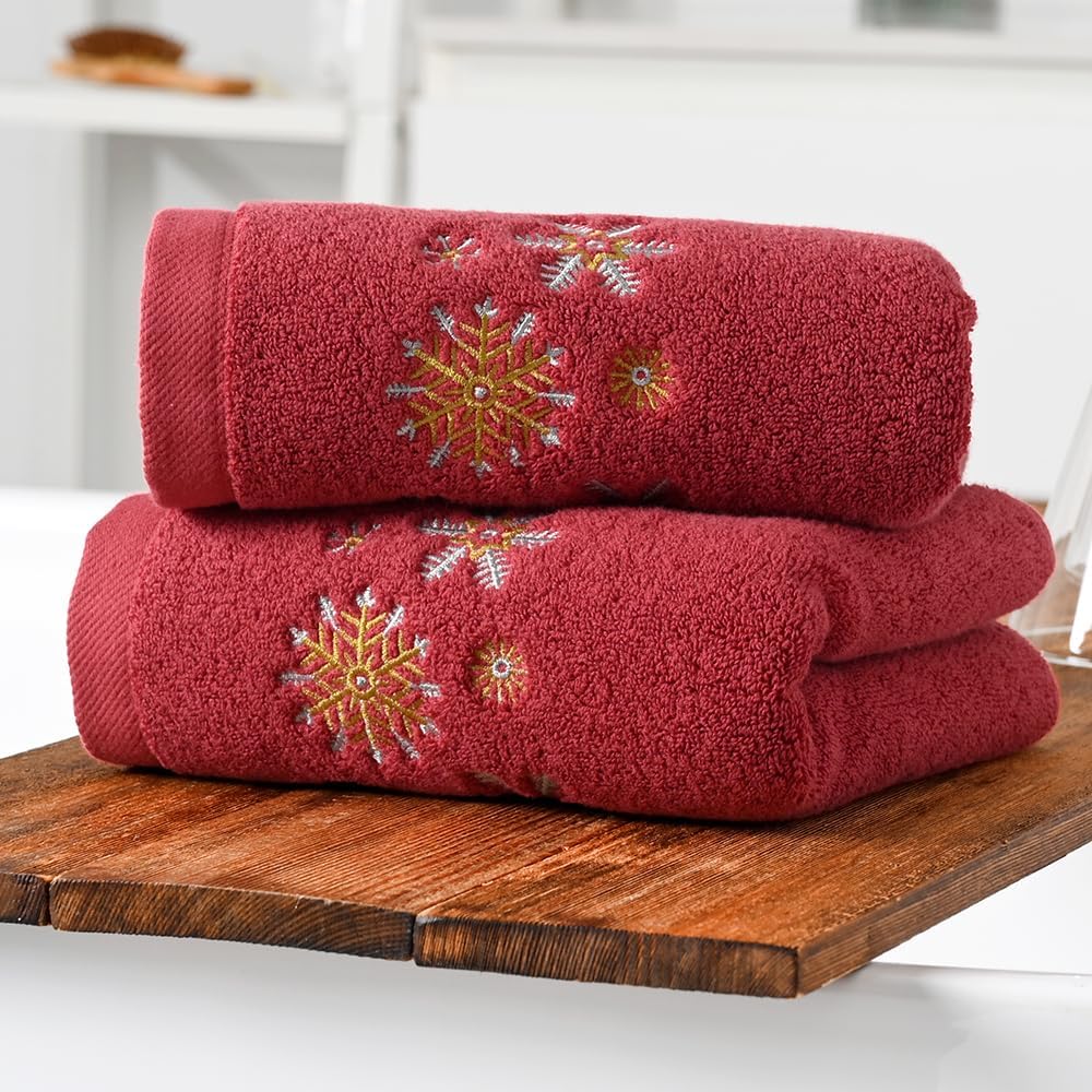 Christmas Red Hand Towel Set of 2 Snowflake Embroidered Design Luxury Hand Towel for Bathroom Ultra Soft 100% Cotton Absorbent Winter Holiday Home Holiday Party Decorative 13" X 29"
