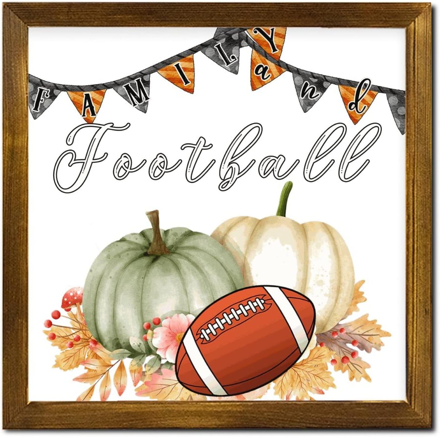 Family and Football Framed Wooden Sign Autumn Pumpkin Sunflower Wood Wall Art Retro Autumn Harvest Wooden Wall Art Decor for Home Family Living Room Bedroom 12x12 inch