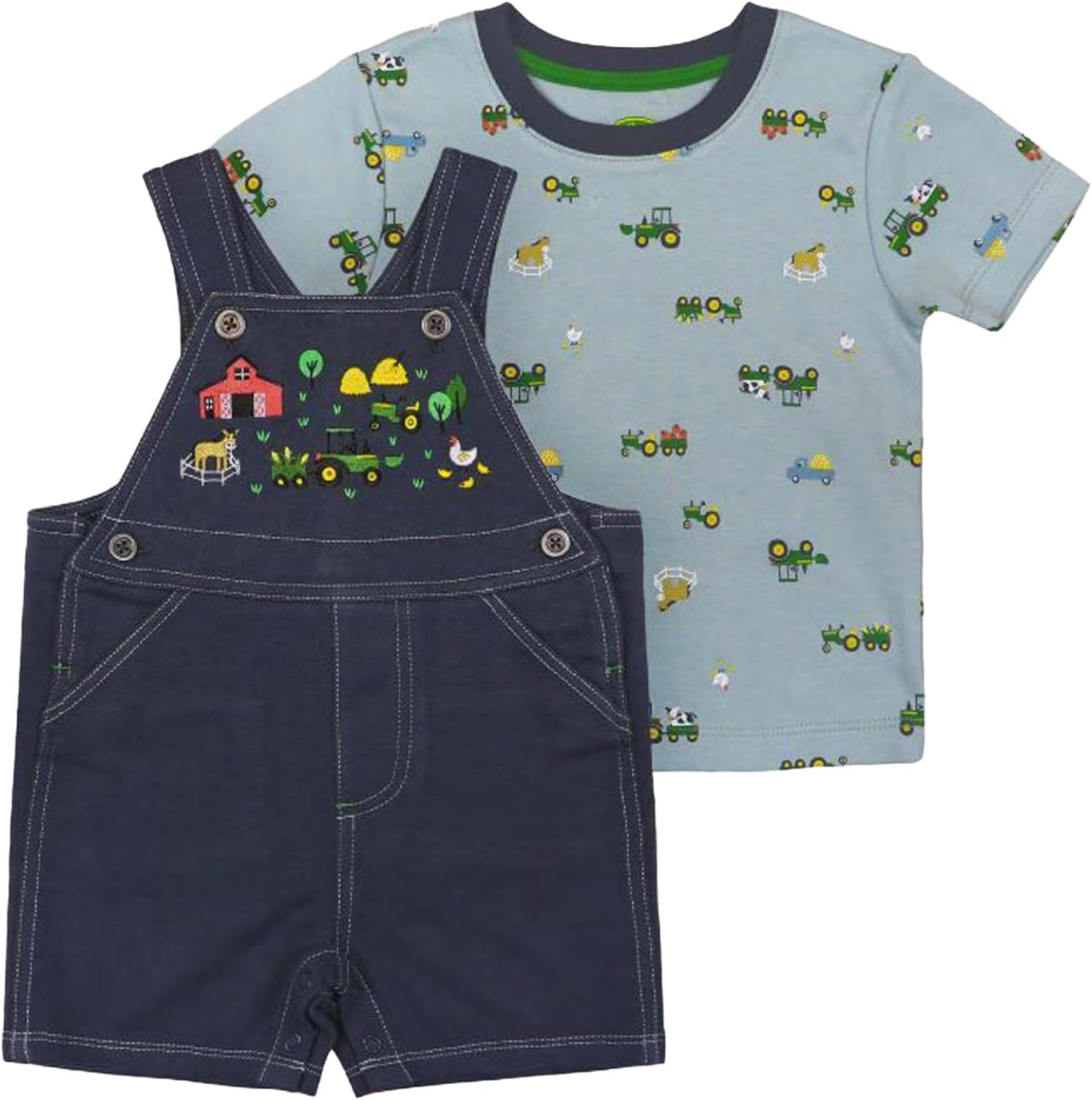 John Deere Blue Knit Overall Short Set Farm Print T-Shirt Size 3/6, 6/9, 9/12 Months