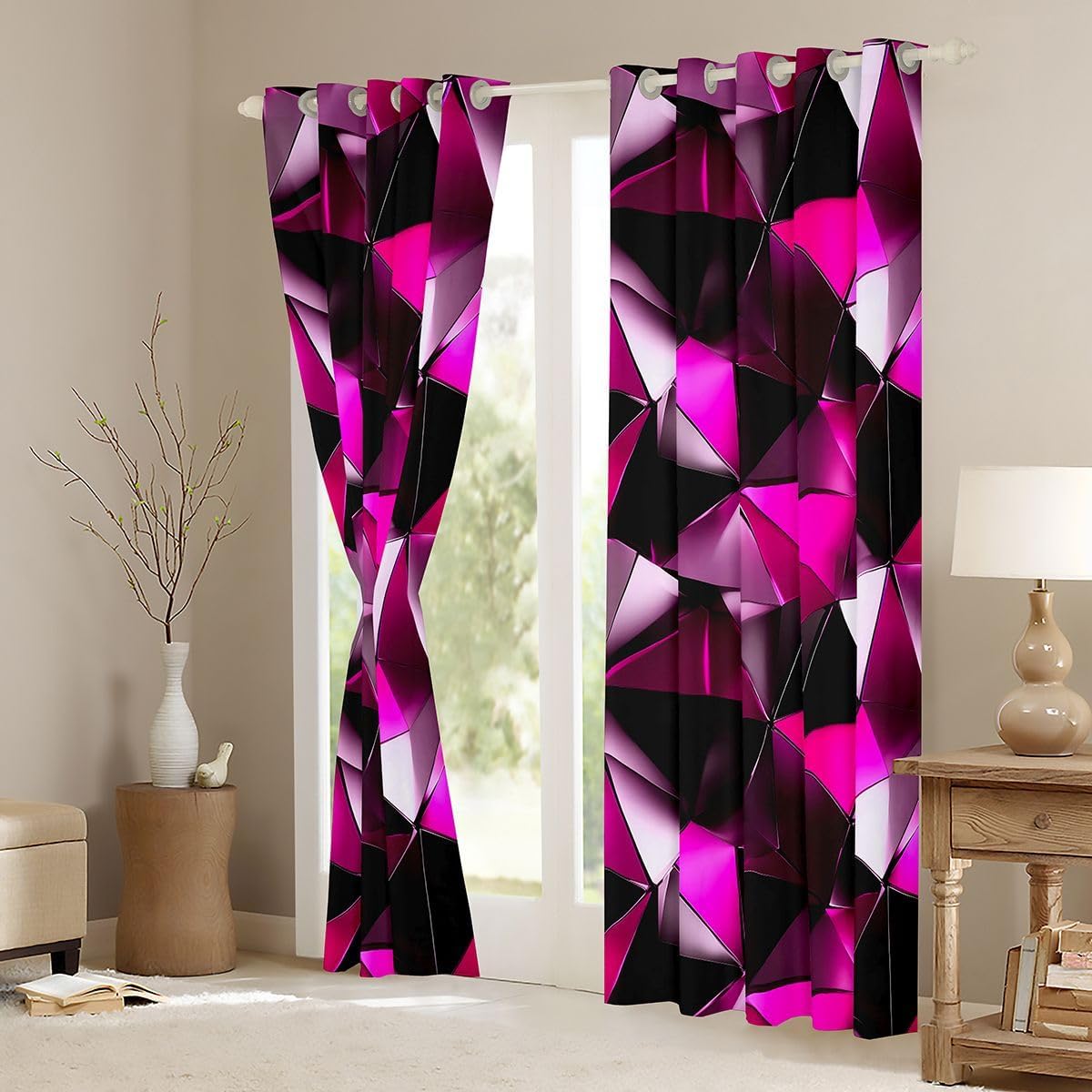 Feelyou Black Pink Geometric Curtains for Bedroom Living Room Art Aesthetic Blackout Darkening Drapes Modern Art Aesthetic Window Treatments, 2 Panels 38 x 45 Inch Room Decor image 3