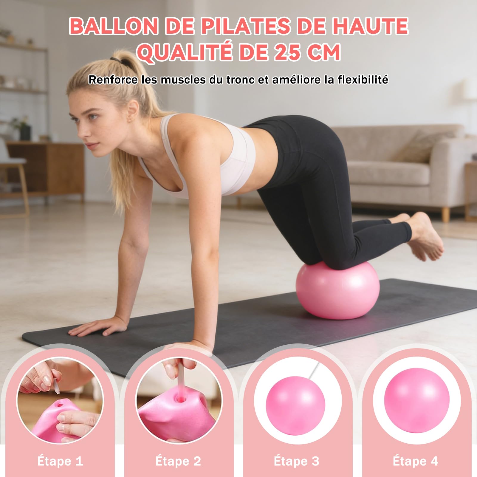 Kit Pilates Maison 13 Pièces Accessoires Fitness Femmes Anneau Balle Sangle Yoga Affiche Entraînement Sac Portable Rose