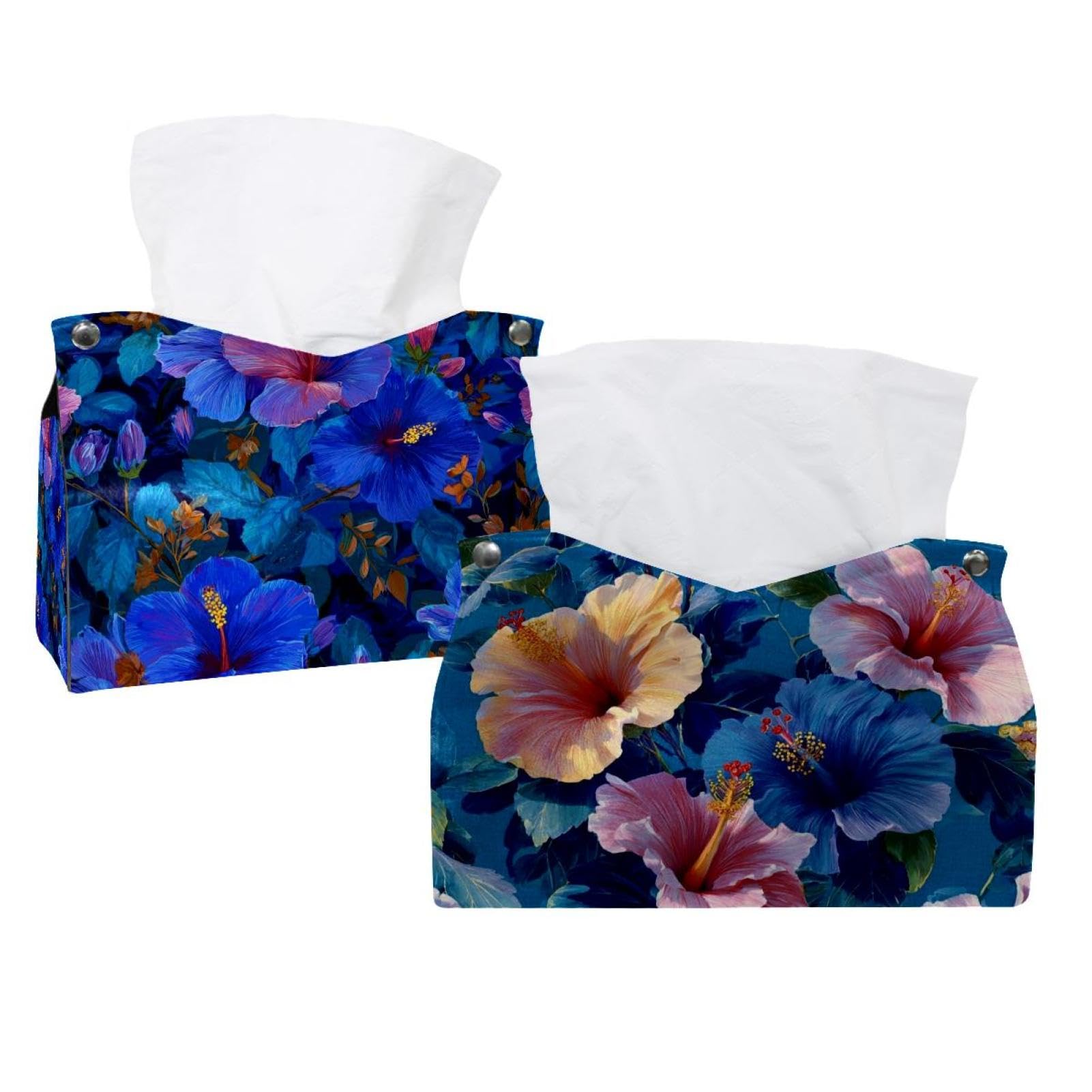Boîte à mouchoirs en cuir bleu motif hibiscus hawaïen pour table et salon